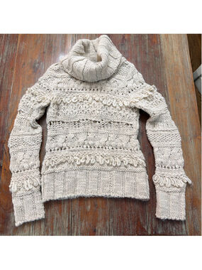 Aldo Martins Chunky Cable Knit Turtleneck Sweater Alpaca Wool Fringe Beige US 4